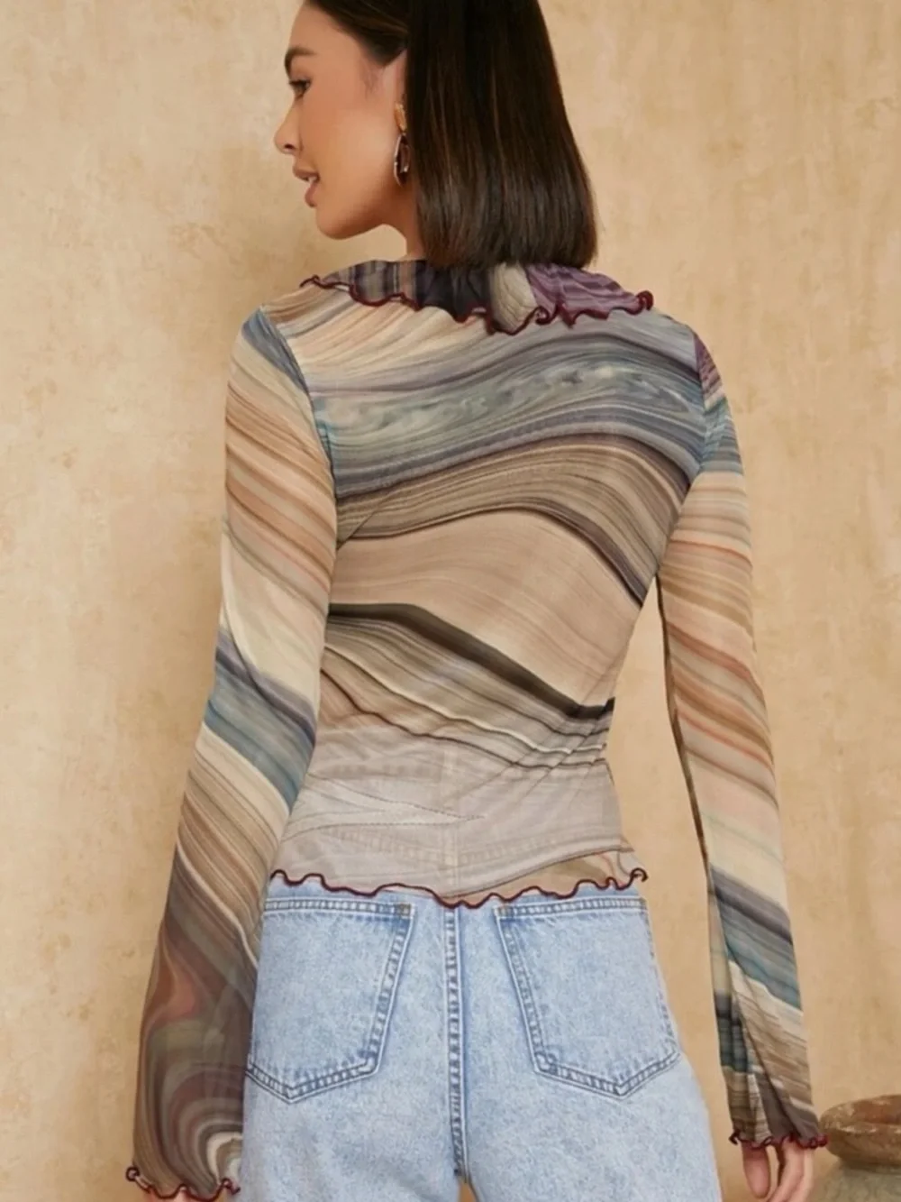 SHEIN Multi-Color Striped Ruffle Tie-Front Sheer Blouse - Picture 2 of 8